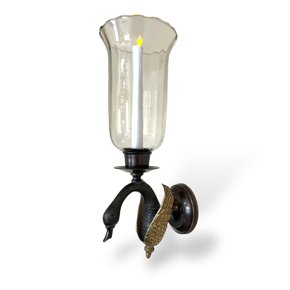 Brass Swan Wall Candle Sconce with Storm Glass 17"